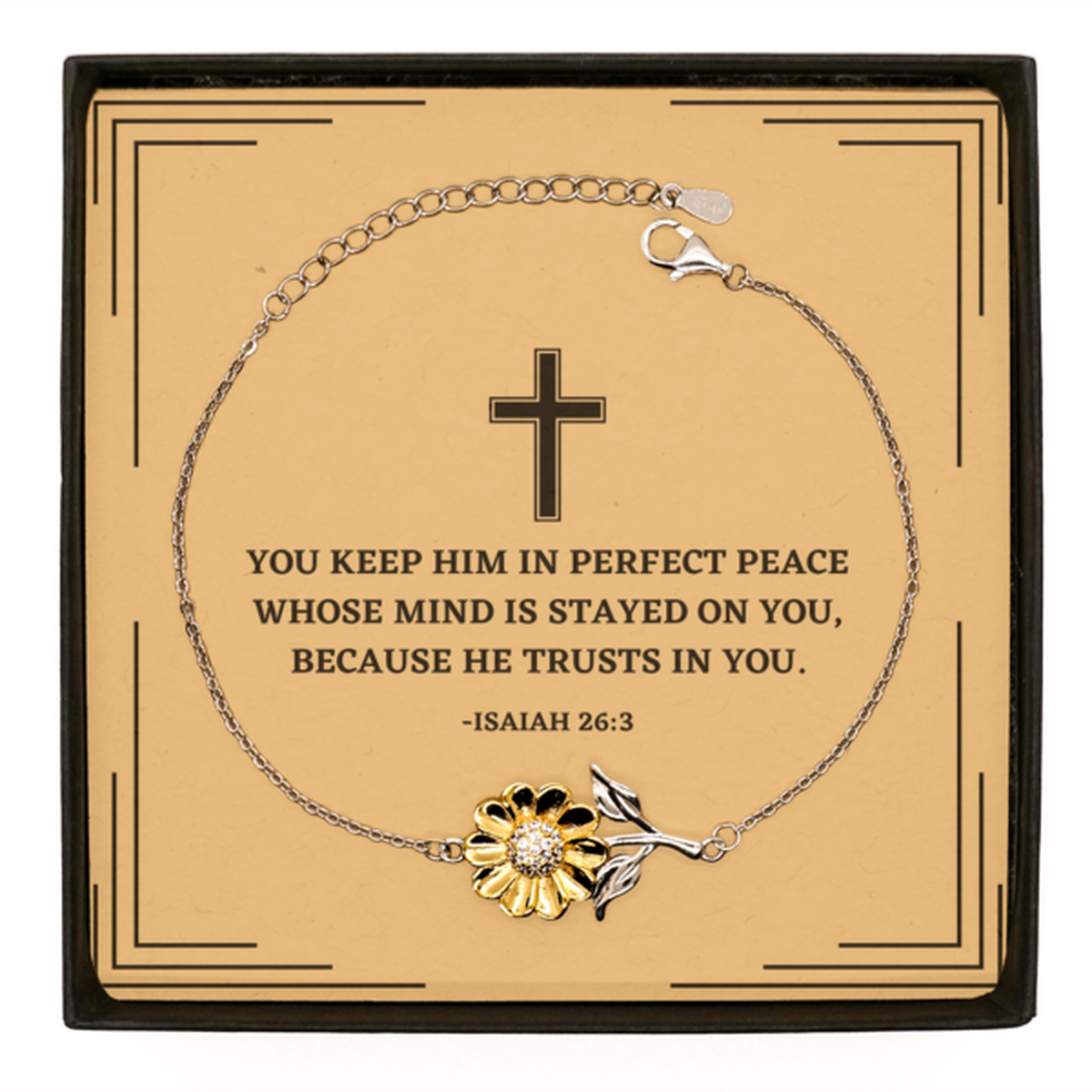 Baptism Gifts For Teenage Boys Girls, Christian Bible Verse Sterling Silver Sunflower Bracelet, You keep him in perfect peace, Confirmation Gifts, Bible Verse Card for Son, Godson, Grandson