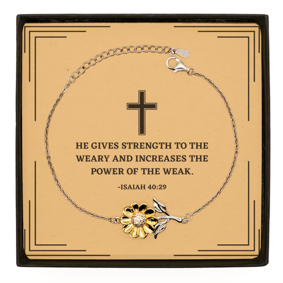 Baptism Gifts For Teenage Boys Girls, Christian Bible Verse Sterling Silver Sunflower Bracelet, He gives strength to the weary, Confirmation Gifts, Bible Verse Card for Son, Godson, Grandson
