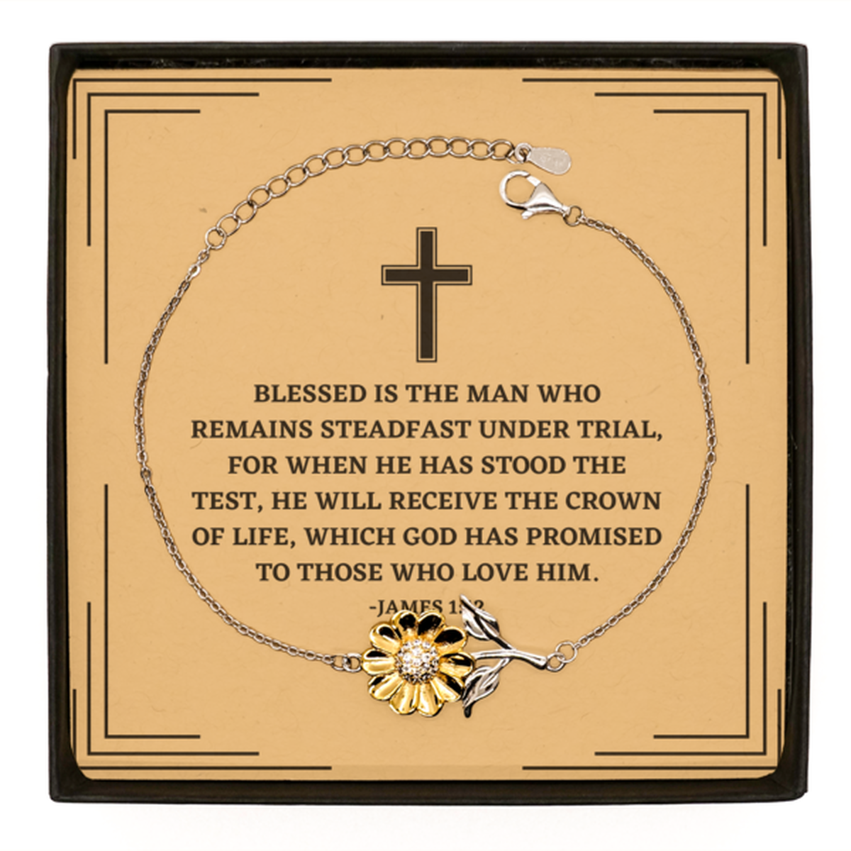 Baptism Gifts For Teenage Boys Girls, Christian Bible Verse Sterling Silver Sunflower Bracelet, Blessed is the man who remains, Confirmation Gifts, Bible Verse Card for Son, Godson, Grandson