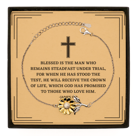 Baptism Gifts For Teenage Boys Girls, Christian Bible Verse Sterling Silver Sunflower Bracelet, Blessed is the man who remains, Confirmation Gifts, Bible Verse Card for Son, Godson, Grandson