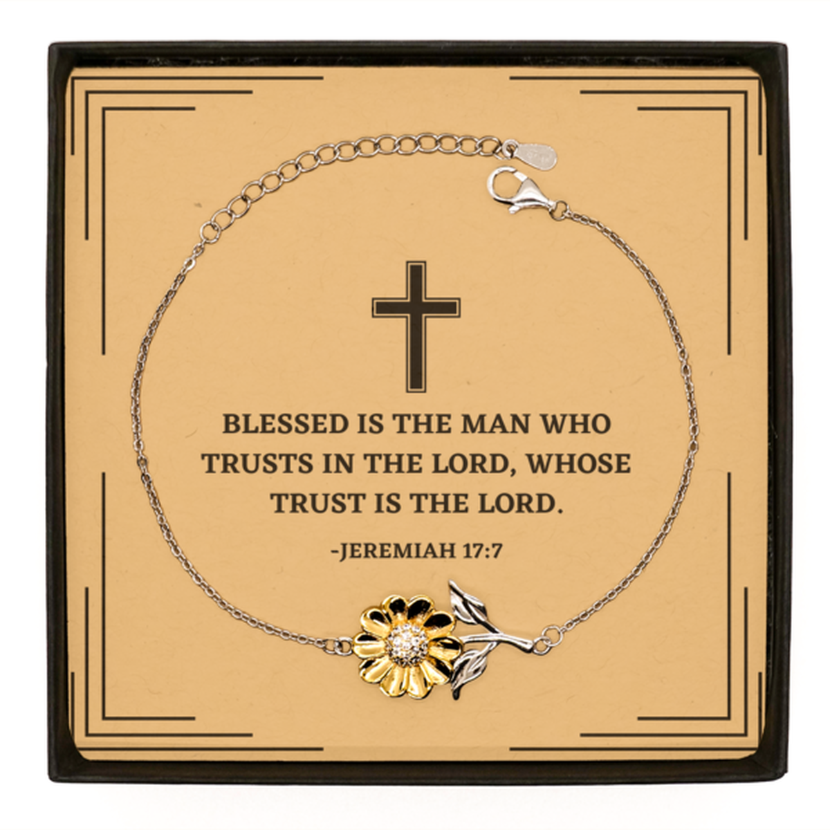 Baptism Gifts For Teenage Boys Girls, Christian Bible Verse Sterling Silver Sunflower Bracelet, Blessed is the man who trusts, Confirmation Gifts, Bible Verse Card for Son, Godson, Grandson