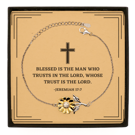 Baptism Gifts For Teenage Boys Girls, Christian Bible Verse Sterling Silver Sunflower Bracelet, Blessed is the man who trusts, Confirmation Gifts, Bible Verse Card for Son, Godson, Grandson