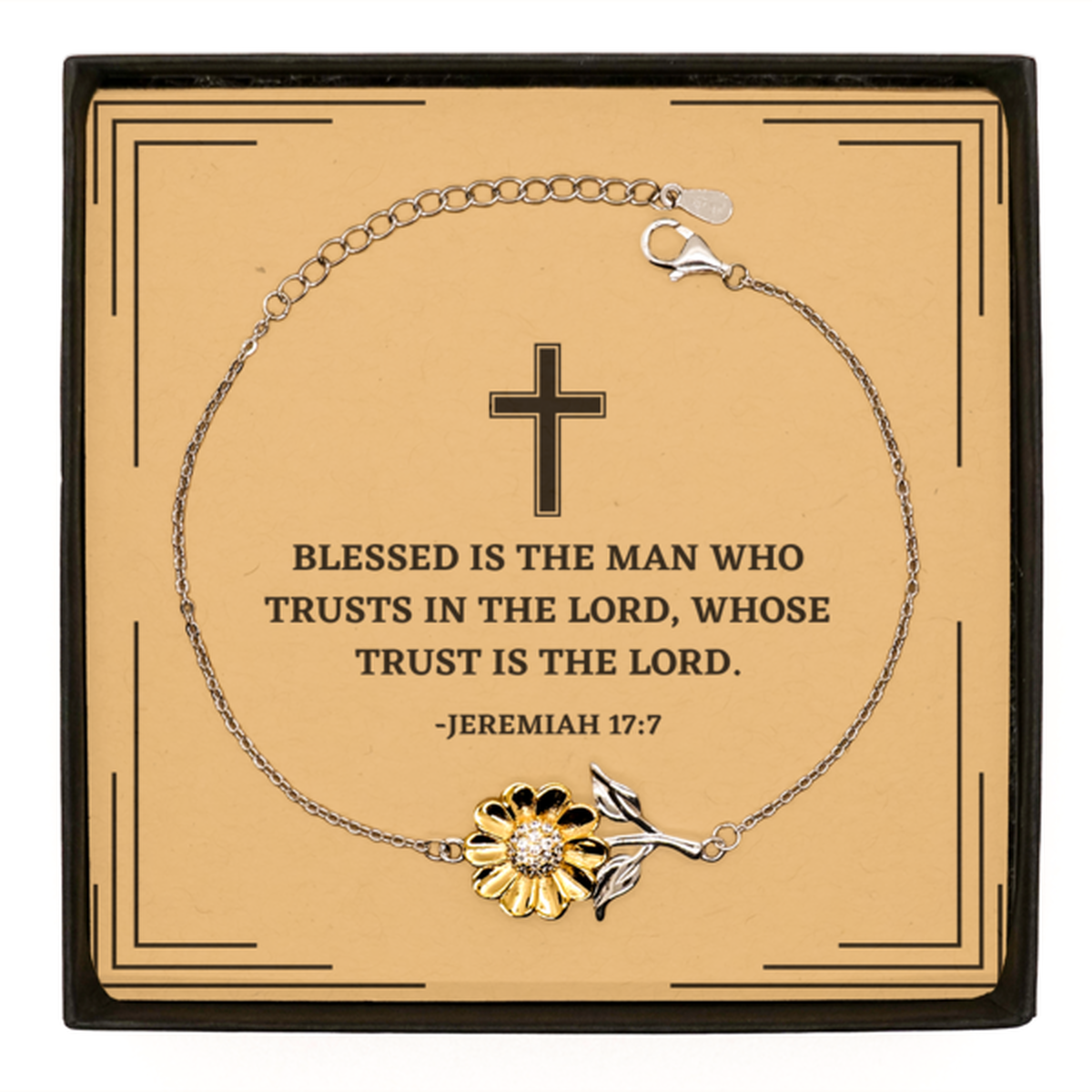 Baptism Gifts For Teenage Boys Girls, Christian Bible Verse Sterling Silver Sunflower Bracelet, Blessed is the man who trusts, Confirmation Gifts, Bible Verse Card for Son, Godson, Grandson
