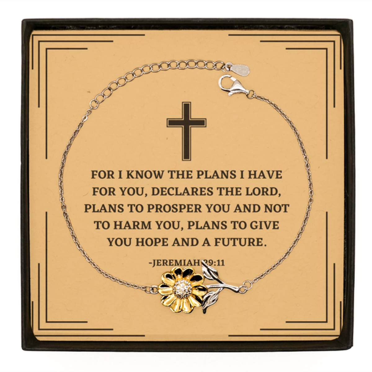 Baptism Gifts For Teenage Boys Girls, Christian Bible Verse Sterling Silver Sunflower Bracelet, For I know the plans, Confirmation Gifts, Bible Verse Card for Son, Godson, Grandson
