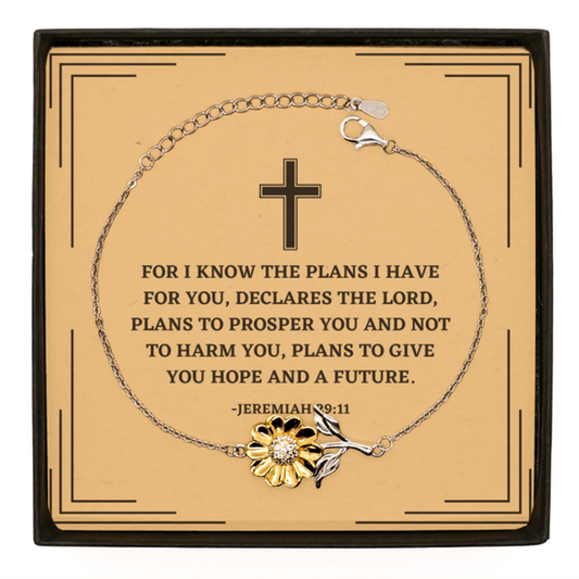 Baptism Gifts For Teenage Boys Girls, Christian Bible Verse Sterling Silver Sunflower Bracelet, For I know the plans, Confirmation Gifts, Bible Verse Card for Son, Godson, Grandson