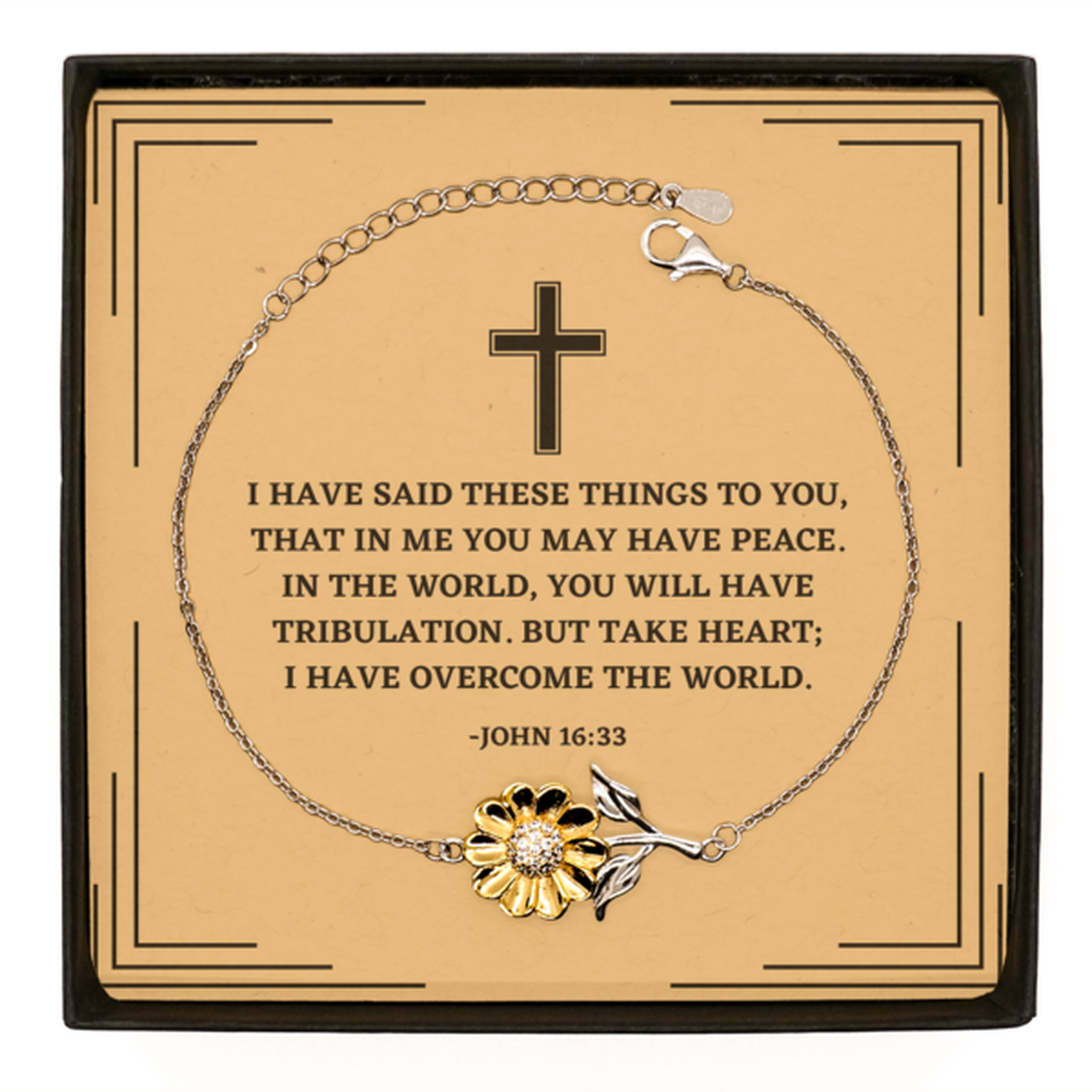 Baptism Gifts For Teenage Boys Girls, Christian Bible Verse Sterling Silver Sunflower Bracelet, I have said these things, Confirmation Gifts, Bible Verse Card for Son, Godson, Grandson