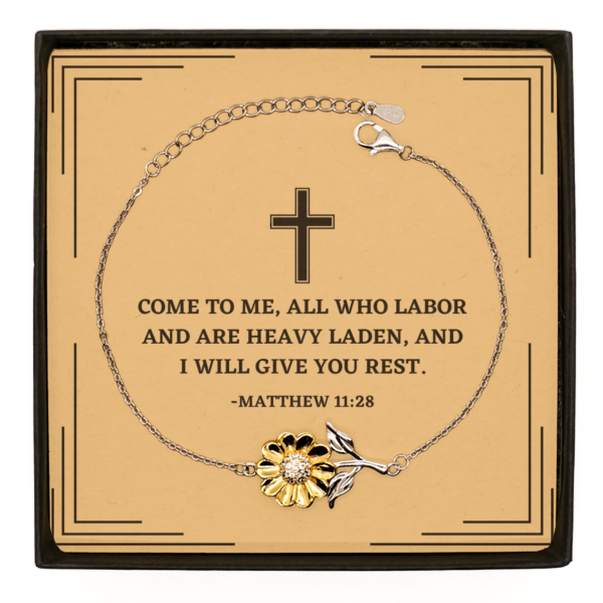 Baptism Gifts For Teenage Boys Girls, Christian Bible Verse Sterling Silver Sunflower Bracelet, Come to me, all who labor, Confirmation Gifts, Bible Verse Card for Son, Godson, Grandson
