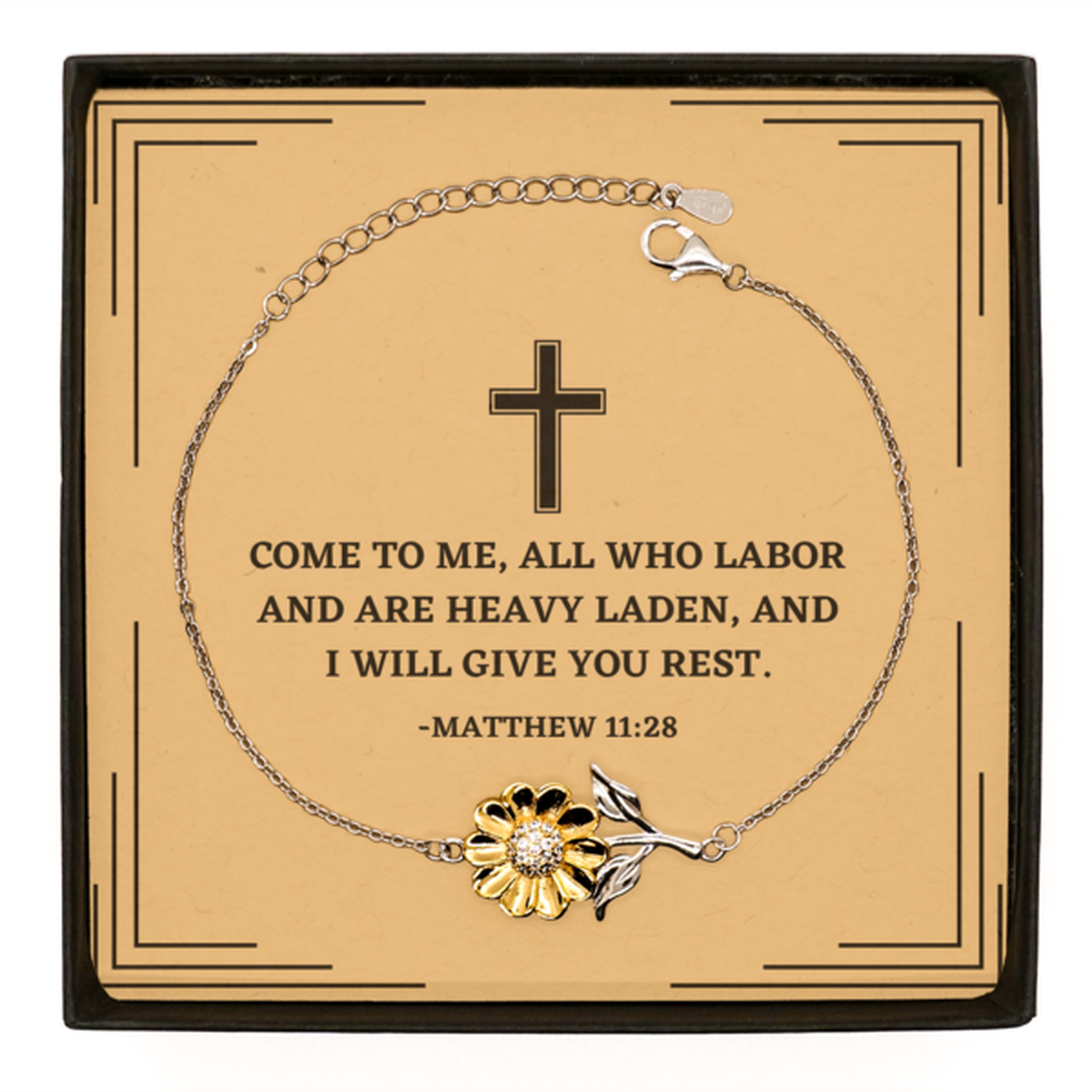 Baptism Gifts For Teenage Boys Girls, Christian Bible Verse Sterling Silver Sunflower Bracelet, Come to me, all who labor, Confirmation Gifts, Bible Verse Card for Son, Godson, Grandson