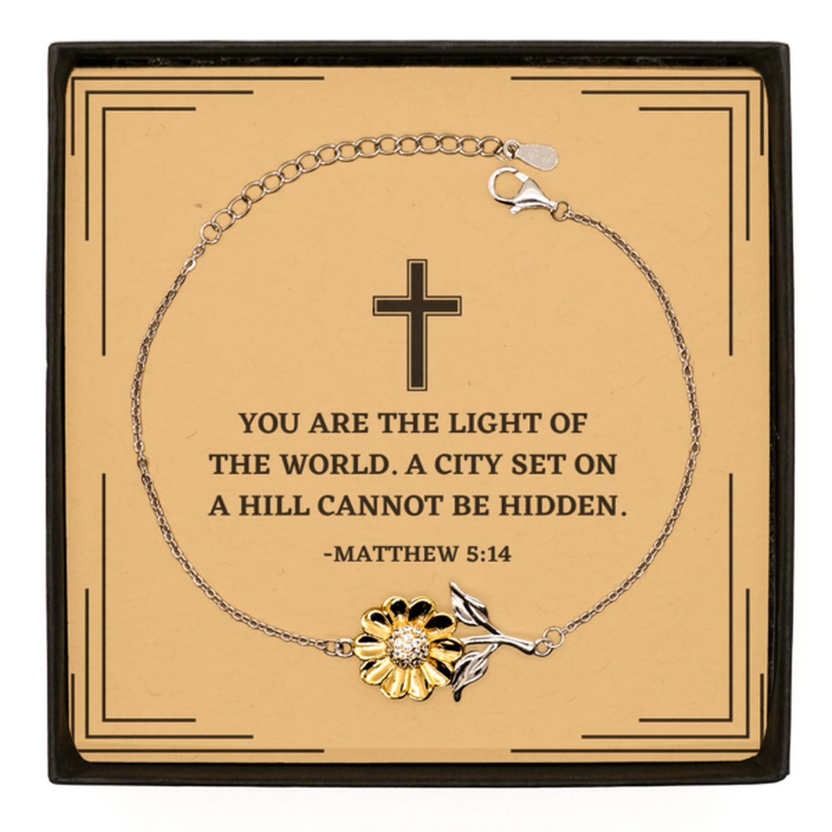 Baptism Gifts For Teenage Boys Girls, Christian Bible Verse Sterling Silver Sunflower Bracelet, You are the light of the world, Confirmation Gifts, Bible Verse Card for Son, Godson, Grandson