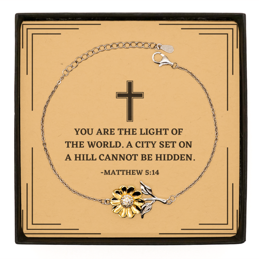 Baptism Gifts For Teenage Boys Girls, Christian Bible Verse Sterling Silver Sunflower Bracelet, You are the light of the world, Confirmation Gifts, Bible Verse Card for Son, Godson, Grandson