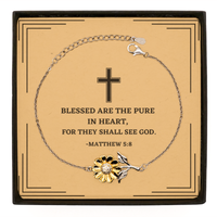Load image into Gallery viewer, Baptism Gifts For Teenage Boys Girls, Christian Bible Verse Sterling Silver Sunflower Bracelet, Blessed are the pure in heart, Confirmation Gifts, Bible Verse Card for Son, Godson, Grandson
