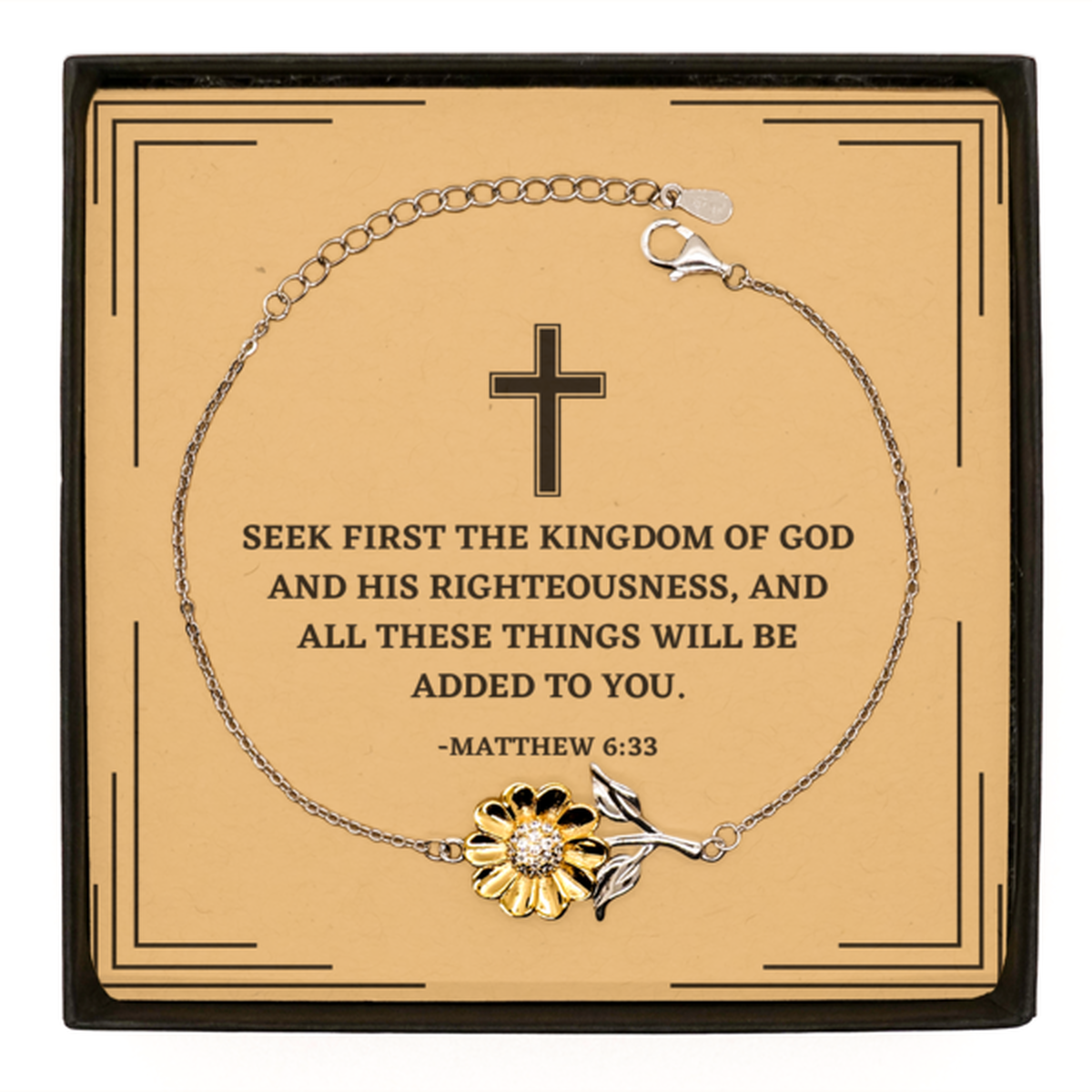 Baptism Gifts For Teenage Boys Girls, Christian Bible Verse Sterling Silver Sunflower Bracelet, Seek first the kingdom of God, Confirmation Gifts, Bible Verse Card for Son, Godson, Grandson