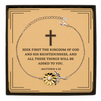 Load image into Gallery viewer, Baptism Gifts For Teenage Boys Girls, Christian Bible Verse Sterling Silver Sunflower Bracelet, Seek first the kingdom of God, Confirmation Gifts, Bible Verse Card for Son, Godson, Grandson
