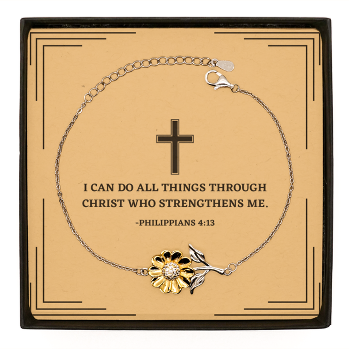 Baptism Gifts For Teenage Boys Girls, Christian Bible Verse Sterling Silver Sunflower Bracelet, I can do all things through Christ, Confirmation Gifts, Bible Verse Card for Son, Godson, Grandson