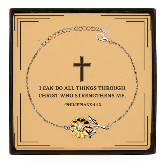 Baptism Gifts For Teenage Boys Girls, Christian Bible Verse Sterling Silver Sunflower Bracelet, I can do all things through Christ, Confirmation Gifts, Bible Verse Card for Son, Godson, Grandson