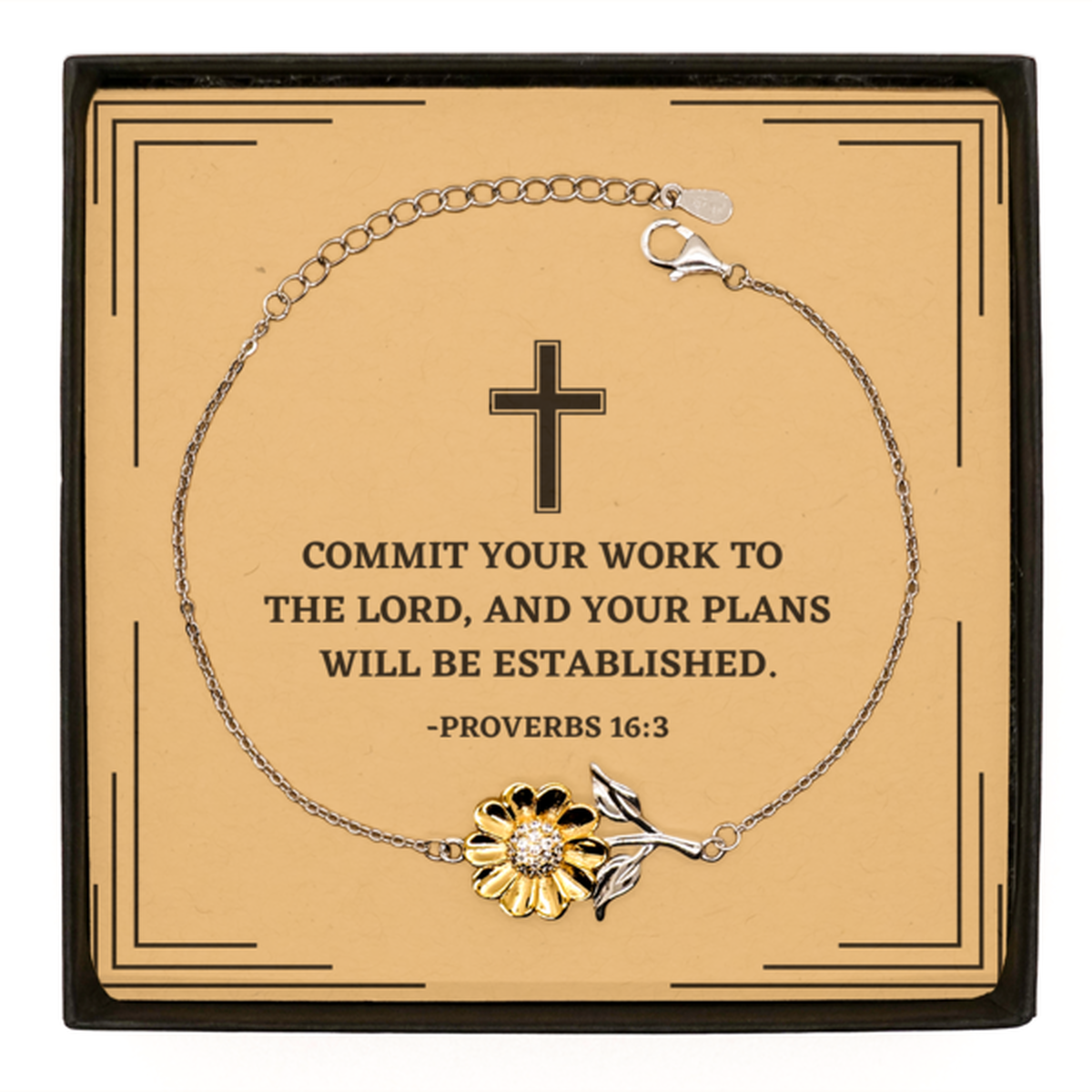 Baptism Gifts For Teenage Boys Girls, Christian Bible Verse Sterling Silver Sunflower Bracelet, Commit your work to the Lord, Confirmation Gifts, Bible Verse Card for Son, Godson, Grandson