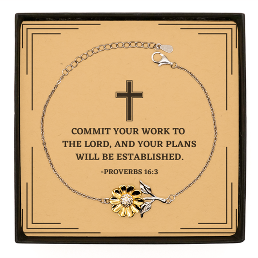 Baptism Gifts For Teenage Boys Girls, Christian Bible Verse Sterling Silver Sunflower Bracelet, Commit your work to the Lord, Confirmation Gifts, Bible Verse Card for Son, Godson, Grandson