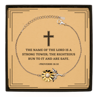 Load image into Gallery viewer, Baptism Gifts For Teenage Boys Girls, Christian Bible Verse Sterling Silver Sunflower Bracelet, The name of the Lord is a strong, Confirmation Gifts, Bible Verse Card for Son, Godson, Grandson
