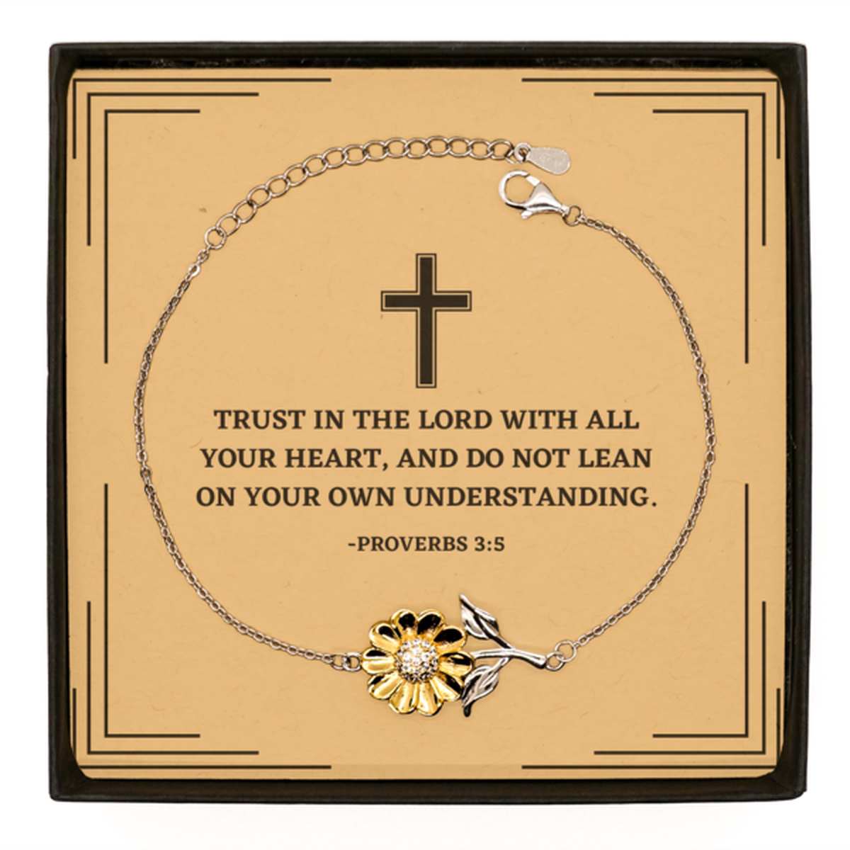 Baptism Gifts For Teenage Boys Girls, Christian Bible Verse Sterling Silver Sunflower Bracelet, Trust in the Lord with all your heart, Confirmation Gifts, Bible Verse Card for Son, Godson, Grandson