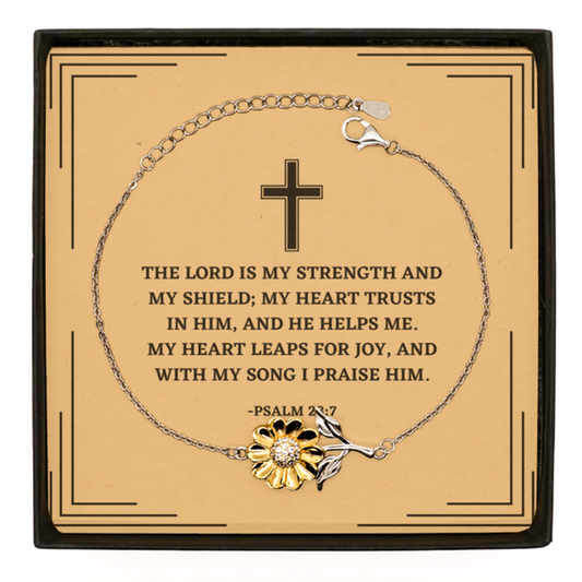 Baptism Gifts For Teenage Boys Girls, Christian Bible Verse Sterling Silver Sunflower Bracelet, The Lord is my strength and my shield, Confirmation Gifts, Bible Verse Card for Son, Godson, Grandson