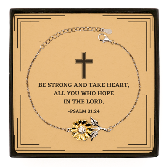 Baptism Gifts For Teenage Boys Girls, Christian Bible Verse Sterling Silver Sunflower Bracelet, Be strong and take heart, Confirmation Gifts, Bible Verse Card for Son, Godson, Grandson