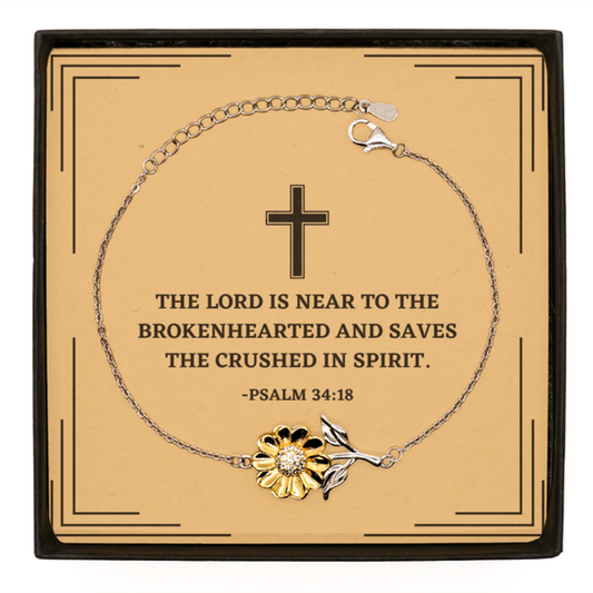 Baptism Gifts For Teenage Boys Girls, Christian Bible Verse Sterling Silver Sunflower Bracelet, The Lord is near to the brokenhearted, Confirmation Gifts, Bible Verse Card for Son, Godson, Grandson