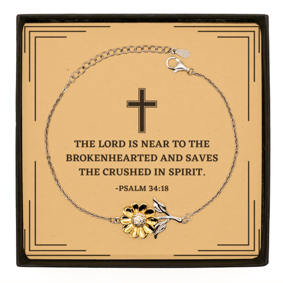 Baptism Gifts For Teenage Boys Girls, Christian Bible Verse Sterling Silver Sunflower Bracelet, The Lord is near to the brokenhearted, Confirmation Gifts, Bible Verse Card for Son, Godson, Grandson
