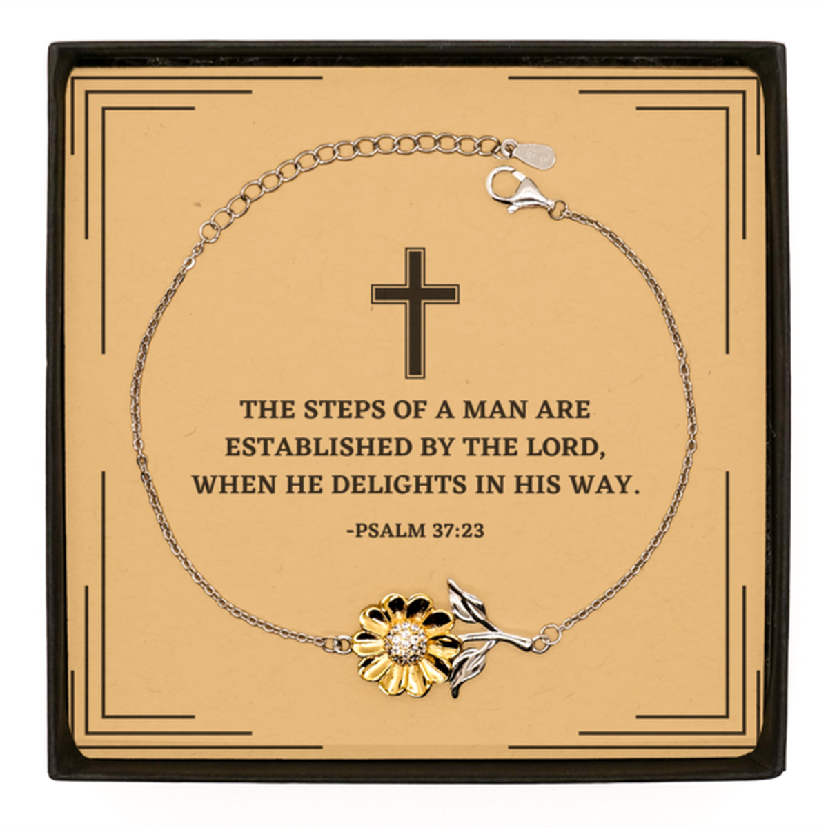 Baptism Gifts For Teenage Boys Girls, Christian Bible Verse Sterling Silver Sunflower Bracelet, The steps of a man are, Confirmation Gifts, Bible Verse Card for Son, Godson, Grandson
