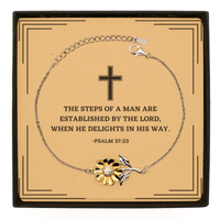 Load image into Gallery viewer, Baptism Gifts For Teenage Boys Girls, Christian Bible Verse Sterling Silver Sunflower Bracelet, The steps of a man are, Confirmation Gifts, Bible Verse Card for Son, Godson, Grandson
