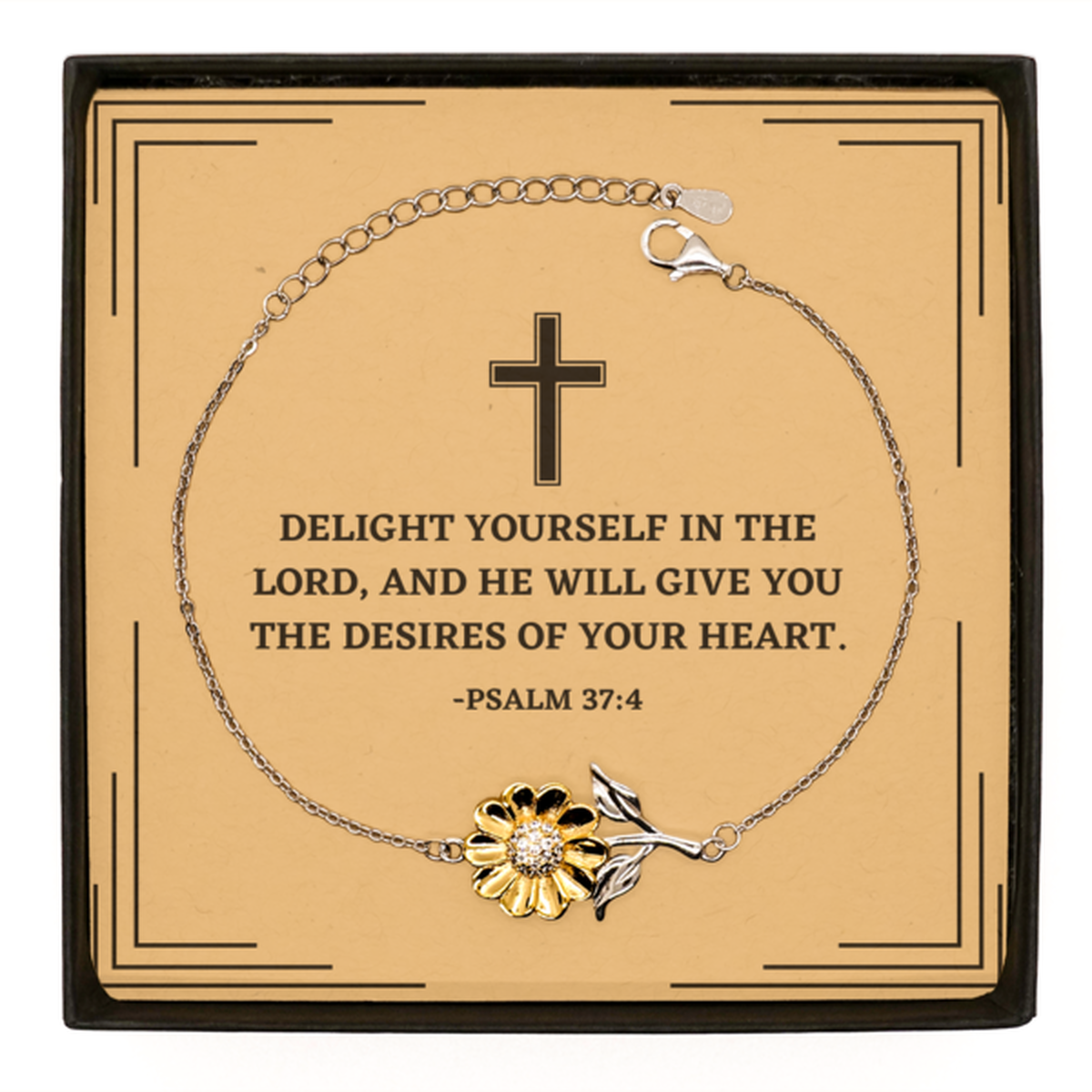 Baptism Gifts For Teenage Boys Girls, Christian Bible Verse Sterling Silver Sunflower Bracelet, Delight yourself in the Lord, Confirmation Gifts, Bible Verse Card for Son, Godson, Grandson