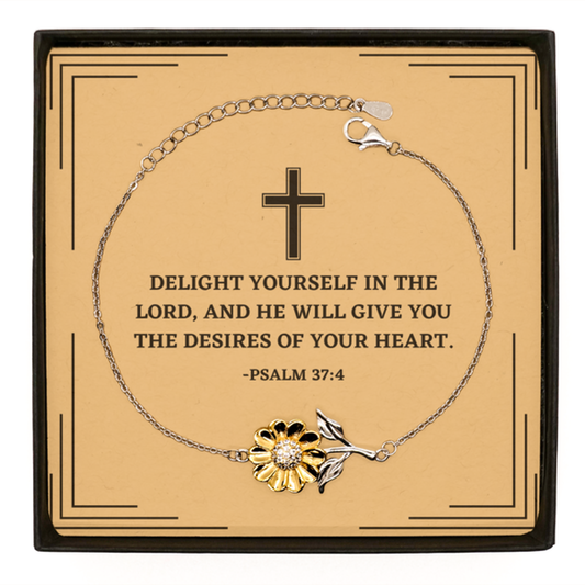 Baptism Gifts For Teenage Boys Girls, Christian Bible Verse Sterling Silver Sunflower Bracelet, Delight yourself in the Lord, Confirmation Gifts, Bible Verse Card for Son, Godson, Grandson