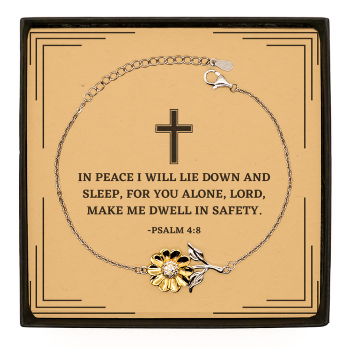 Baptism Gifts For Teenage Boys Girls, Christian Bible Verse Sterling Silver Sunflower Bracelet, In peace I will lie down and sleep, Confirmation Gifts, Bible Verse Card for Son, Godson, Grandson