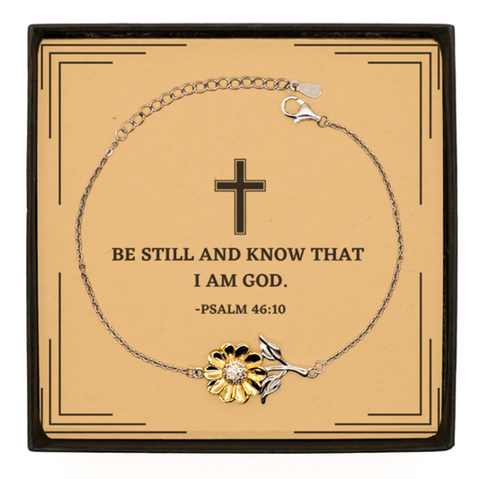 Baptism Gifts For Teenage Boys Girls, Christian Bible Verse Sterling Silver Sunflower Bracelet, Be still and know that I am god, Confirmation Gifts, Bible Verse Card for Son, Godson, Grandson