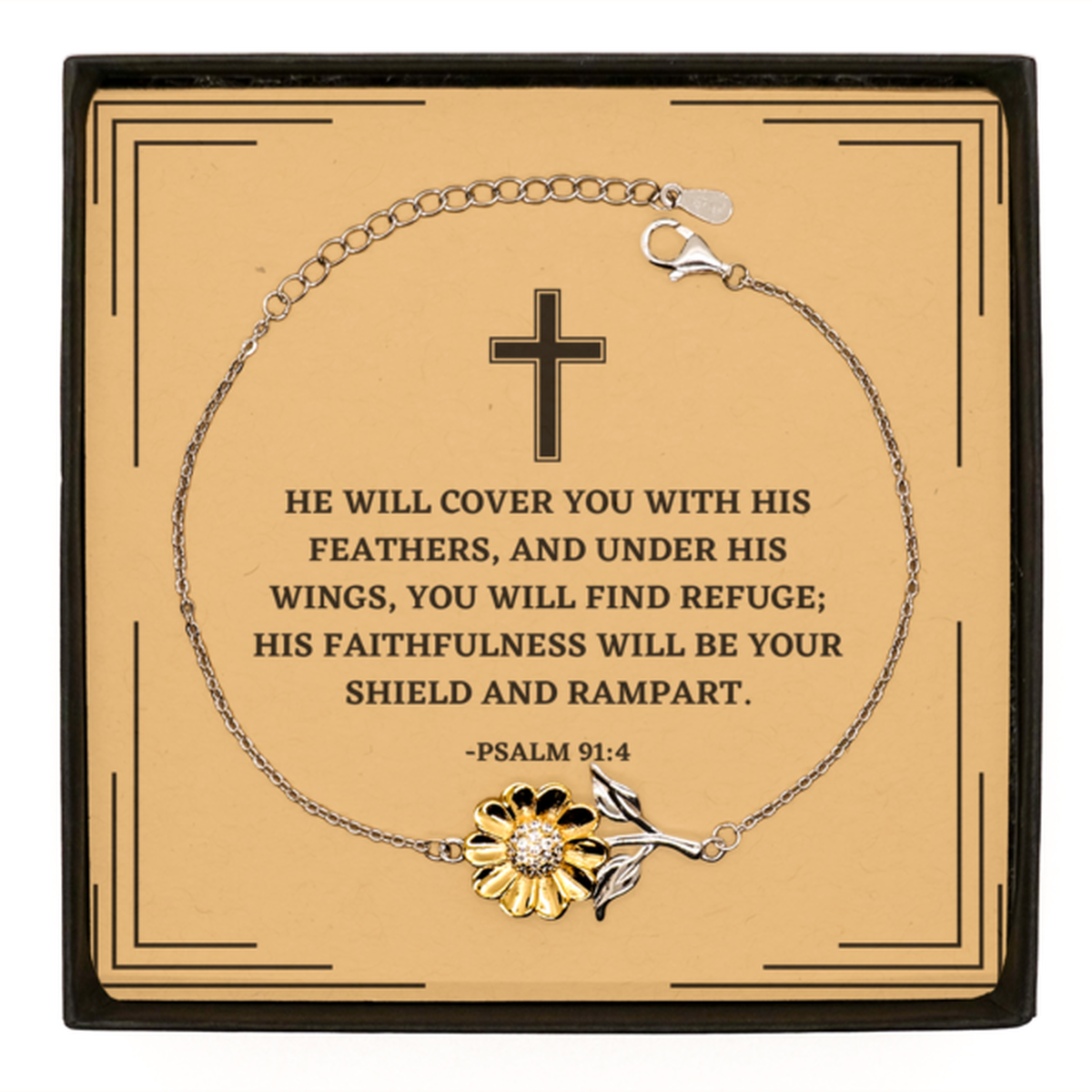 Baptism Gifts For Teenage Boys Girls, Christian Bible Verse Sterling Silver Sunflower Bracelet, He will cover you with his feathers, Confirmation Gifts, Bible Verse Card for Son, Godson, Grandson