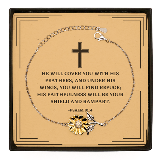 Baptism Gifts For Teenage Boys Girls, Christian Bible Verse Sterling Silver Sunflower Bracelet, He will cover you with his feathers, Confirmation Gifts, Bible Verse Card for Son, Godson, Grandson