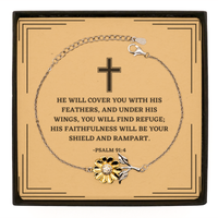 Load image into Gallery viewer, Baptism Gifts For Teenage Boys Girls, Christian Bible Verse Sterling Silver Sunflower Bracelet, He will cover you with his feathers, Confirmation Gifts, Bible Verse Card for Son, Godson, Grandson

