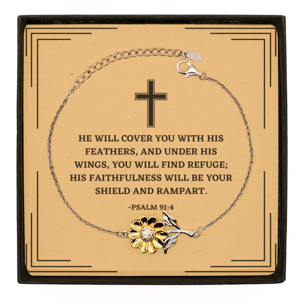 Baptism Gifts For Teenage Boys Girls, Christian Bible Verse Sterling Silver Sunflower Bracelet, He will cover you with his feathers, Confirmation Gifts, Bible Verse Card for Son, Godson, Grandson