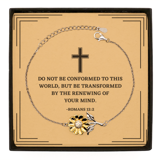 Baptism Gifts For Teenage Boys Girls, Christian Bible Verse Sterling Silver Sunflower Bracelet, Do not be conformed to this world, Confirmation Gifts, Bible Verse Card for Son, Godson, Grandson