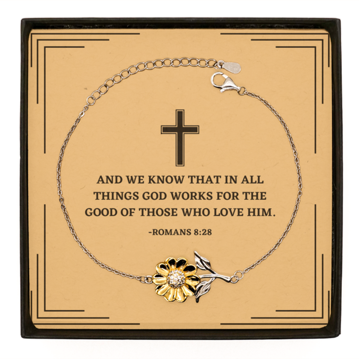 Baptism Gifts For Teenage Boys Girls, Christian Bible Verse Sterling Silver Sunflower Bracelet, And we know that in all things, Confirmation Gifts, Bible Verse Card for Son, Godson, Grandson