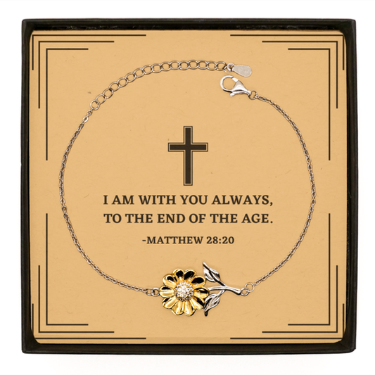 Baptism Gifts For Teenage Boys Girls, Christian Bible Verse Sterling Silver Sunflower Bracelet, I am with you always, Confirmation Gifts, Bible Verse Card for Son, Godson, Grandson