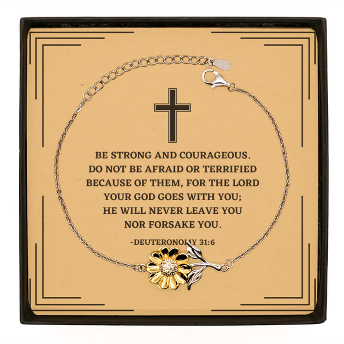 Baptism Gifts For Teenage Boys Girls, Christian Bible Verse Sterling Silver Sunflower Bracelet, He will never leave you nor forsake you, Confirmation Gifts, Bible Verse Card for Son, Godson, Grandson