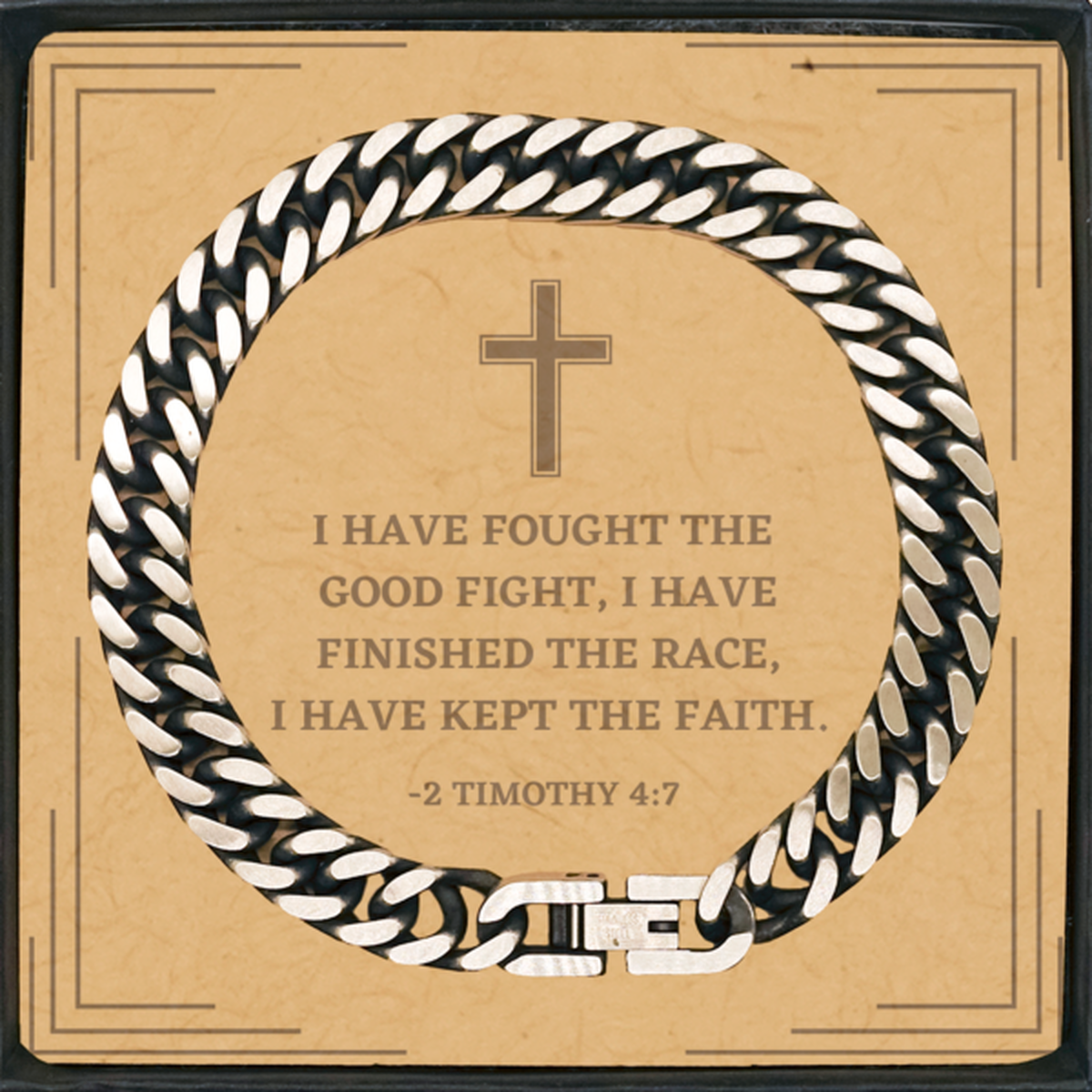 Baptism Gifts For Teenage Boys Girls, Christian Bible Verse Cuban Link Chain Bracelet, I have fought the good fight, Confirmation Gifts, Bible Verse Card for Son, Godson, Grandson