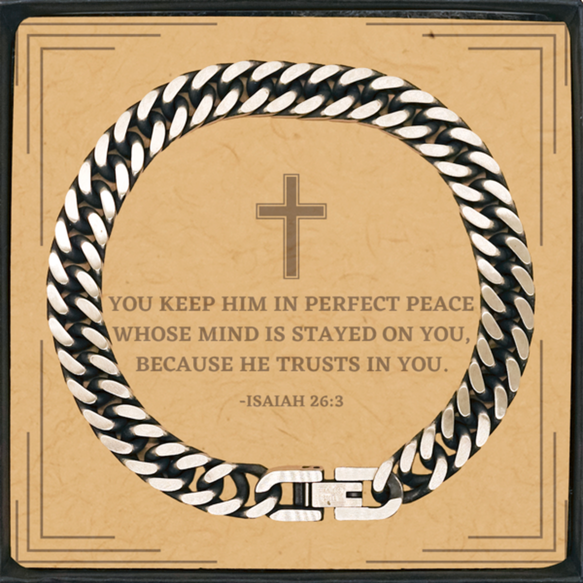 Baptism Gifts For Teenage Boys Girls, Christian Bible Verse Cuban Link Chain Bracelet, You keep him in perfect peace, Confirmation Gifts, Bible Verse Card for Son, Godson, Grandson