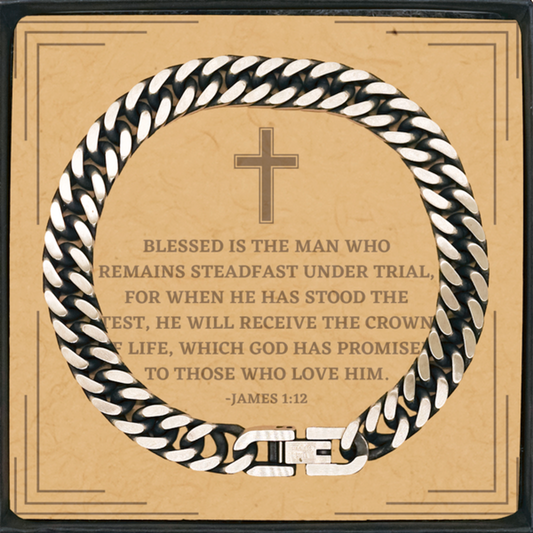 Baptism Gifts For Teenage Boys Girls, Christian Bible Verse Cuban Link Chain Bracelet, Blessed is the man who remains, Confirmation Gifts, Bible Verse Card for Son, Godson, Grandson