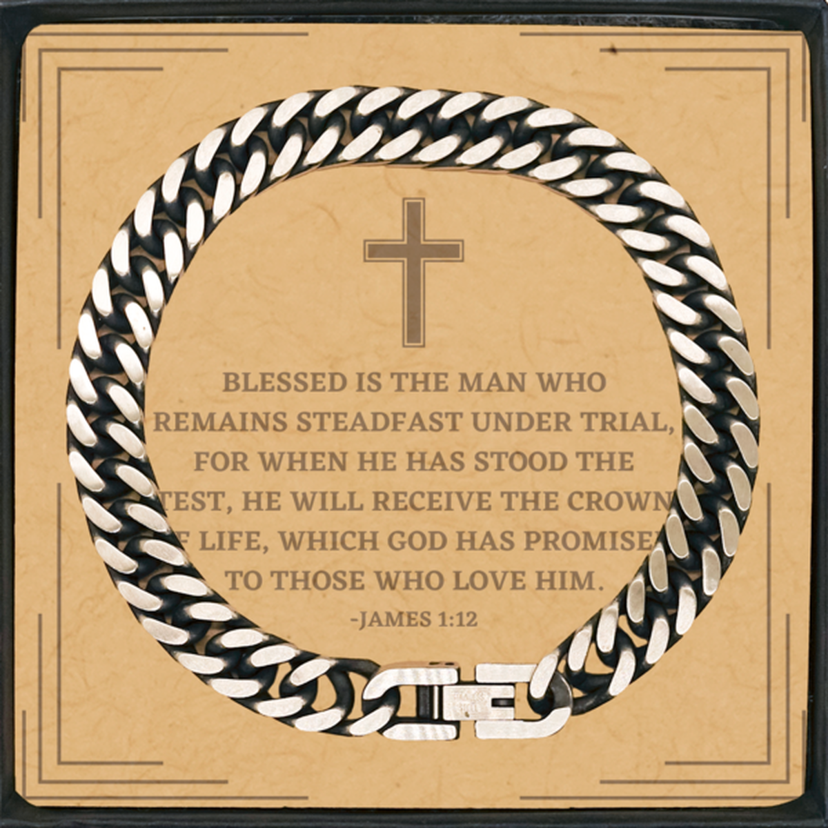 Baptism Gifts For Teenage Boys Girls, Christian Bible Verse Cuban Link Chain Bracelet, Blessed is the man who remains, Confirmation Gifts, Bible Verse Card for Son, Godson, Grandson