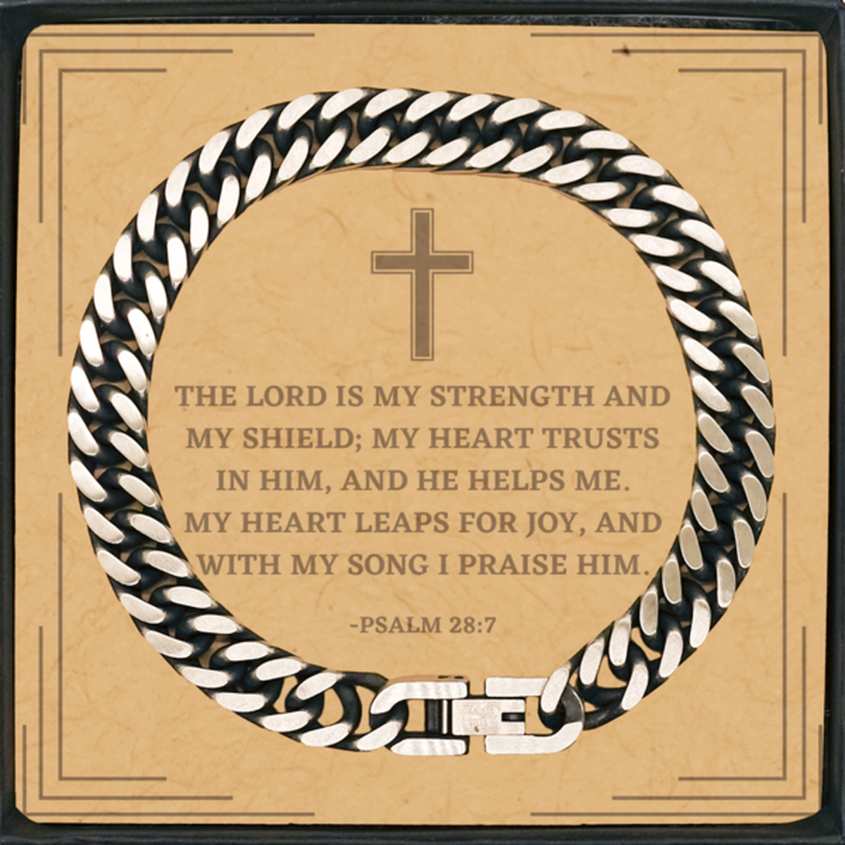 Baptism Gifts For Teenage Boys Girls, Christian Bible Verse Cuban Link Chain Bracelet, The Lord is my strength and my shield, Confirmation Gifts, Bible Verse Card for Son, Godson, Grandson