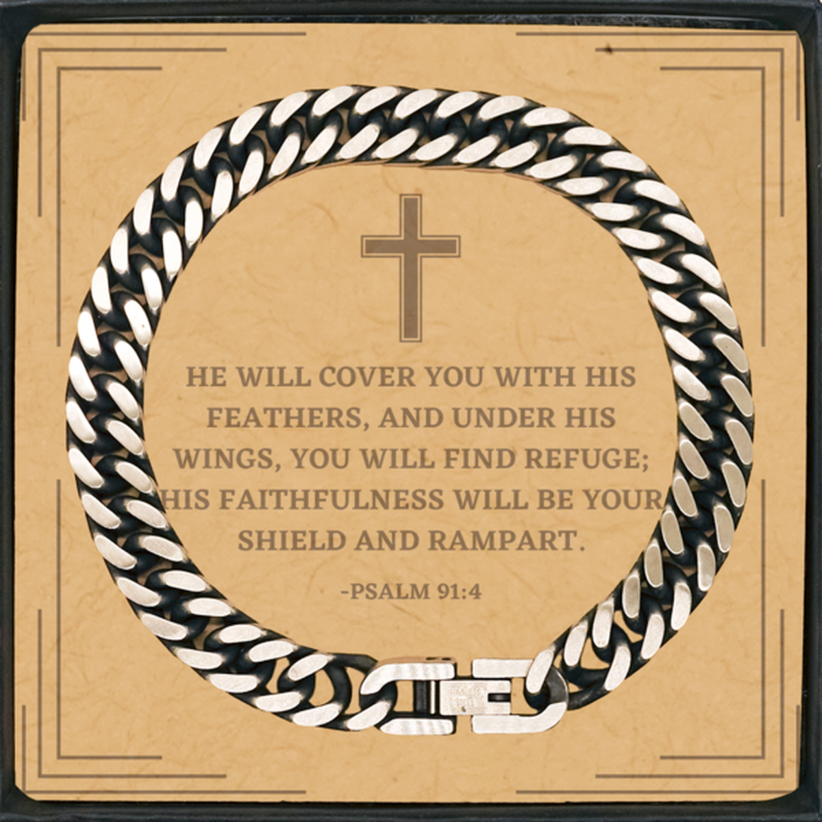 Baptism Gifts For Teenage Boys Girls, Christian Bible Verse Cuban Link Chain Bracelet, He will cover you with his feathers, Confirmation Gifts, Bible Verse Card for Son, Godson, Grandson