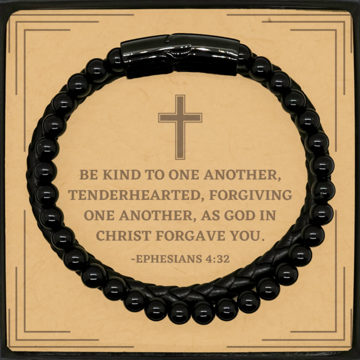 Baptism Gifts For Teenage Boys Girls, Christian Bible Verse Stone Leather Bracelet, Be kind to one another, Confirmation Gifts, Bible Verse Card for Son, Godson, Grandson