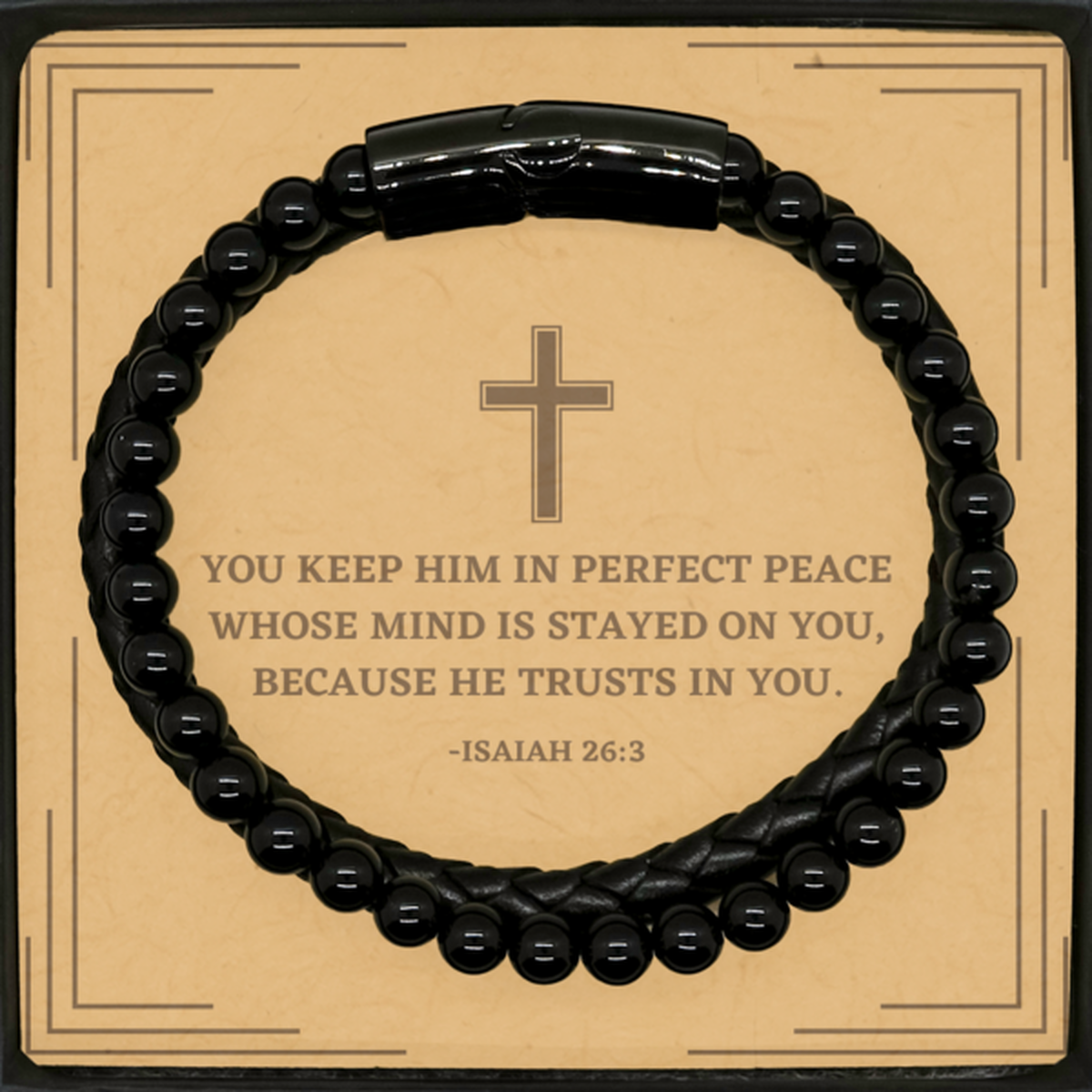 Baptism Gifts For Teenage Boys Girls, Christian Bible Verse Stone Leather Bracelet, You keep him in perfect peace, Confirmation Gifts, Bible Verse Card for Son, Godson, Grandson