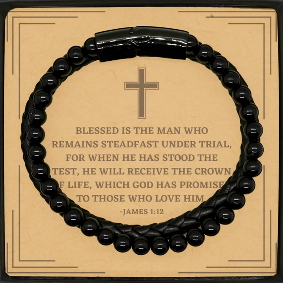 Baptism Gifts For Teenage Boys Girls, Christian Bible Verse Stone Leather Bracelet, Blessed is the man who remains, Confirmation Gifts, Bible Verse Card for Son, Godson, Grandson